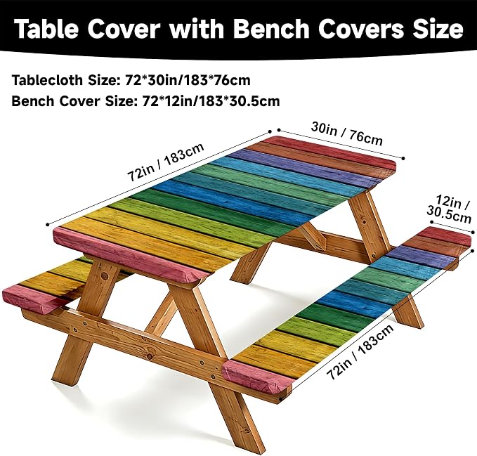 NYZE 3 Pieces Rainbow Stripeds Picnic Table Cover with Bench Covers Set, Elastic Edge Camping Tablecloth, Tablecloth Cover with Drawstring Bag, Camping Essentials for Outdoor Picnics, Patio, BBQ