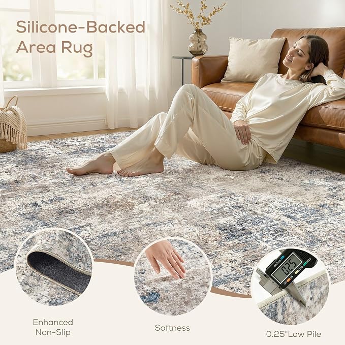 Nakagishi 8X10 Abstract Washable Area Rugs for Living Room-Blue Brown | Modern Non-Slip Silicone Backing Low Pile Soft Carpet for Bedroom Dining Decor Ideal for Families with Kids and Pets
