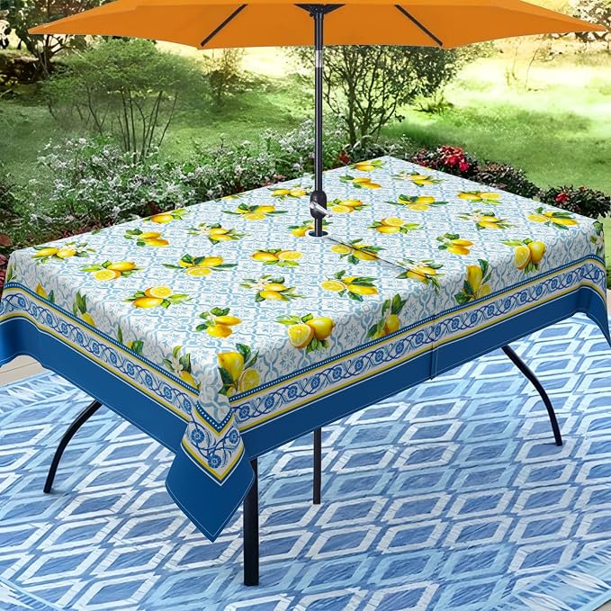 Lemon Outdoor Tablecloth with Umbrella Hole 60" x 102" Waterproof Zipper Table Cloth for Garden - Ideal Patio Table Cover for Picnics, Camping, and Yard Use