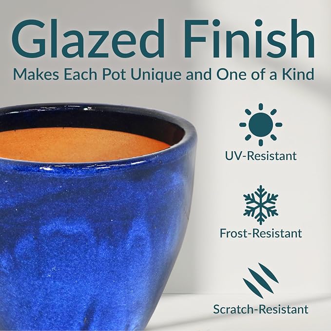 Sunnydaze Large Ceramic Plant Pot - Round Outdoor Glazed Ceramic Planter Pot with Drainage - Resort - Imperial Blue - 13.5"