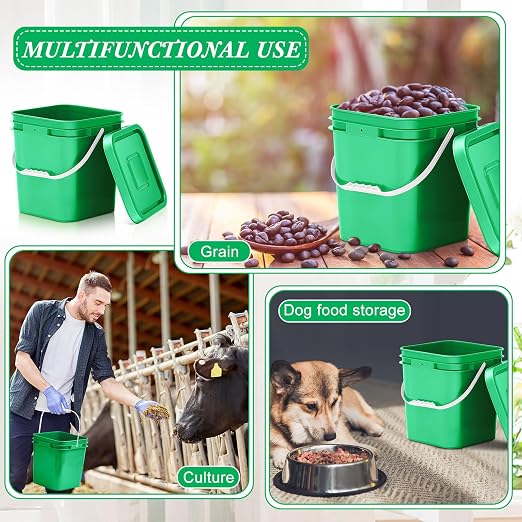 Mumufy 5 Pcs 3.5 Gallon Square Food Grade Bucket with Lid Square Bucket Pail Plastic Handles for Long Term Food Storage, Camping, Fishing, Home Organization Easy Stack and Store (Green)