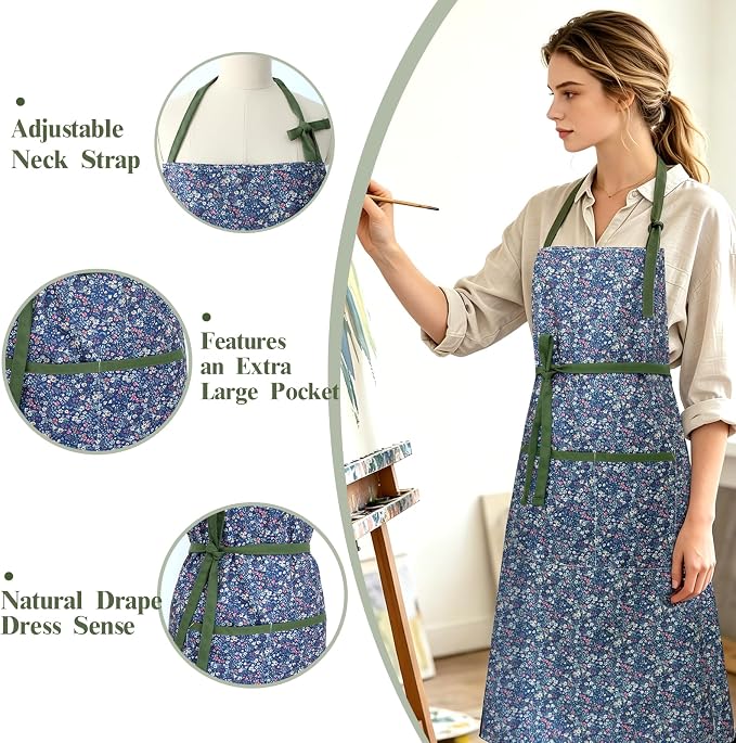 Women's Vintage Floral Kitchen Apron for Cooking & Gardening | Adjustable Neck Straps & Large Pockets, Cute Pinafore for Baking Tea Time, Practical Hostess Gift(Navy1)