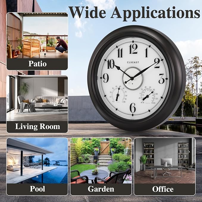 CLXEAST Illuminated Indoor Outdoor Clocks Waterproof 18 inch with Smart Night Light Sensor,Large Wall Clock with Thermometer & Hygrometer,Oil Rubbed Bronze Black