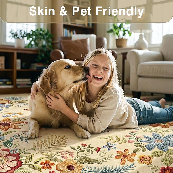 FMFUNCTEX 3x4 Washable Beige Floral Vintage Scalloped Area Rug for Entryway | Flower Colorful Traditional Boho Non Slip Low Pile Pattern Indoor Carpet Entrance Soft Rug Living Room Bedroom Kitchen Office