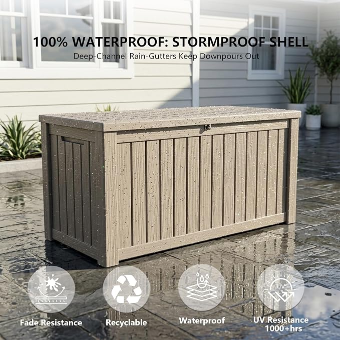 Outdoor Storage Box, 180 Gallon Waterproof Deck Box [Upgraded 3.0], Piston-Lift Tall Standing Cabinet for Oversized Cushions, Lockable Deep Tool Organizer Storage Bench, Large Lawn, Grey