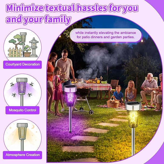 Qualirey 4 Pack Solar Bug Zapper Outdoor Waterproof Mosquito Repellent Killer Bug Zapper Lamp with LED Light for Outdoor Garden Patio Yard (Purple and Warm Light,Silver)