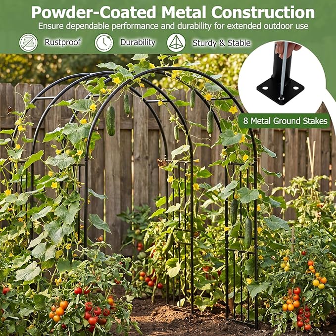 LDAILY Moccha Garden Arch Arbor Trellis, 7.2Ft Outdoor Steel Arbor with Stakes, Metal Archway for Climbing Plants, Wide Sturdy Garden Arch for Lawn, Party, Ceremony Wedding Decoration, Black(2)