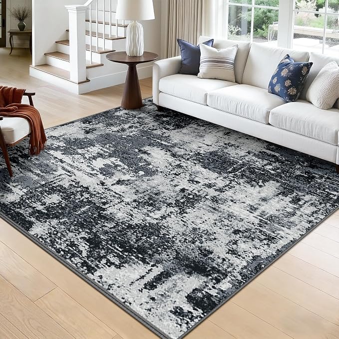 RELEANY Washable Square 8'x8' Area Rug for Living Room Black White | Carpet for Bedroom, Kitchen, Office, Hallway and Entryway, Printed Pattern, Non‑Slip, Soft, Stain‑Resistant, Easy to Clean
