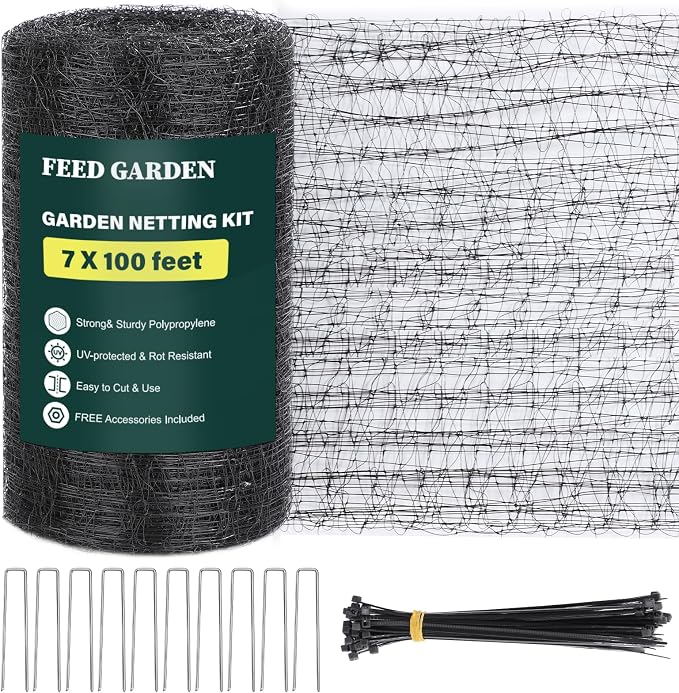 FEED GARDEN Deer Fence Netting Garden Netting Bird Netting - 7x100ft UV-Protected Garden Fence for Plant with 3/4" Fine Mesh - Includes 10 Stakes & 50 Zip Ties for Easy Installation