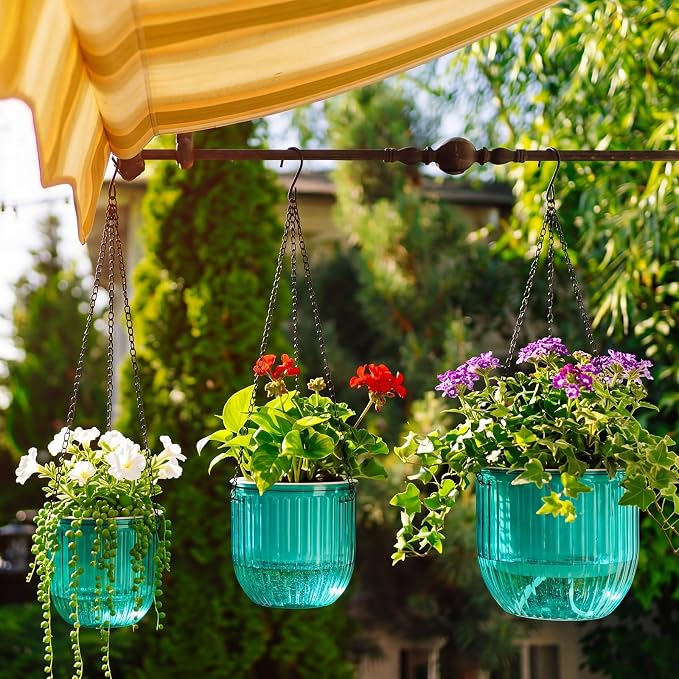 Maxcheck 3 Pcs Self Watering Hanging Planters Indoor Gift 6.9'' 6.5'' 4.5'' Hanging Flower Pots Baskets Outdoor Emerald Self Watering Plant with 3 Hooks Drainage Holes for Home