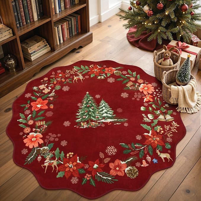 Lahome Floral Christmas Round Rug 4ft, Washable Red Xmas Tree Round Christmas Rug Indoor Mats Non-Slip Non-Shedding Soft Holiday Decor Circle Carpet for Bedroom Nursery, Red