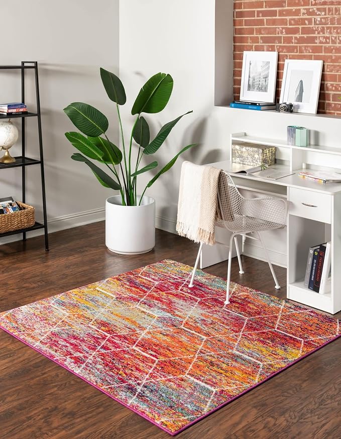 Unique Loom Trellis Frieze Collection Area Rug - Geometric (4' Square, Multi/ Ivory)