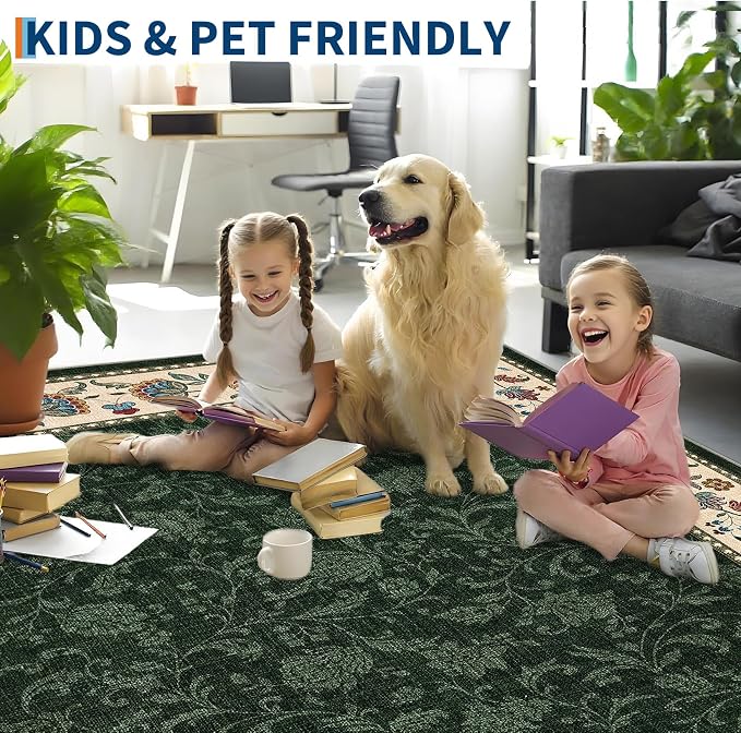 Garvee Large Area Rug 10x13 Rugs Vintage Floral Washable Rug | Green Boho Border Area Rug Stain Resistant Easy Cleaning Throw Rugs Low Pile Floor Cover for Nursery Dining Room Apartment
