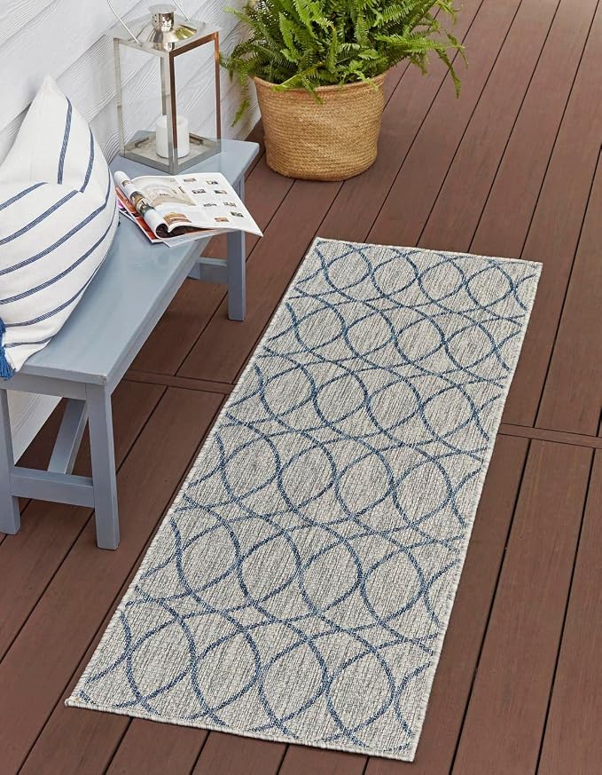 Unique Loom Outdoor Trellis Collection Area Rug - Gitter (2' x 6' 1" Runner, Gray Blue)
