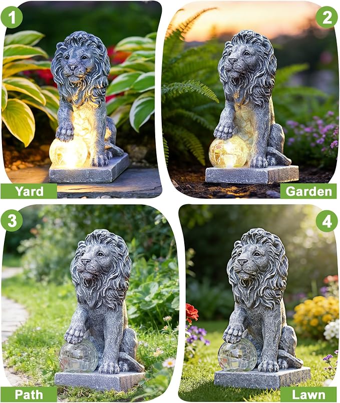 Guardian Lion Outdoor Statues for Garden with Solar Ball (Grey) | 9.45in IP65 Waterproof,Outside Decor, Yard Art Lawn Ornaments, Porch Patio Balcony Home House, Gifts for Mom Grandma Women