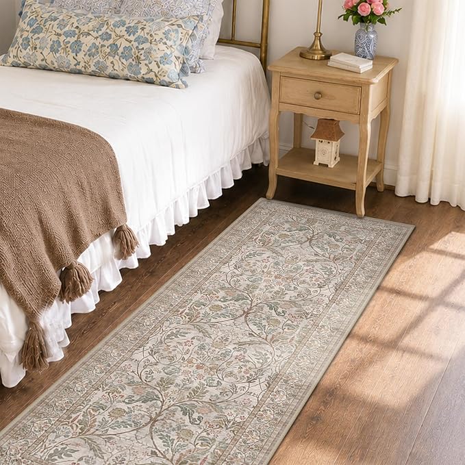 Vintage Floral Moss 2x6 Bathroom Runner Rug Non Slip - Washable Low Pile Hallway Runner, Thin Neutral Taupe Green Traditional Decor Floor Carpet for Entryway, Laundry Room, Bedroom
