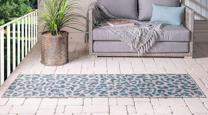 Unique Loom Outdoor Safari Collection Area Rug - Leopard (2' x 6' 1" Runner, Teal/ Ivory)