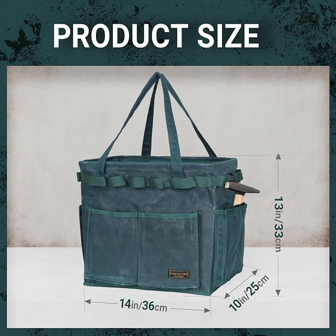 Collapsible Waxed Canvas Tool Pouch with 23 Hanging Holes - Reusable Grocery Bags with Handles for Garden/Camping/Tools/Car Trunk Storage, 14" x 13" x 10" | Dark Green