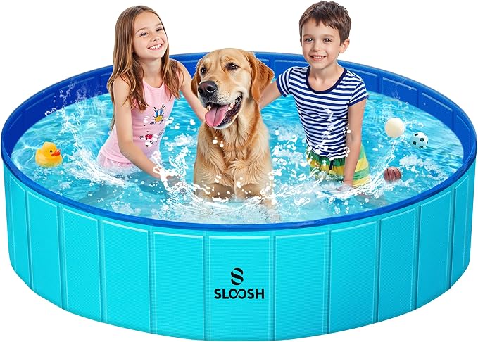 SLOOSH Foldable Dog Kiddie Pool - Portable Hard Plastic Doggie Swimming Pool, Anti-Slip Collapsible Pets Bath Tub Suitable for Kids Indoor Outdoor Backyard Use (Blue, 63" x 12")