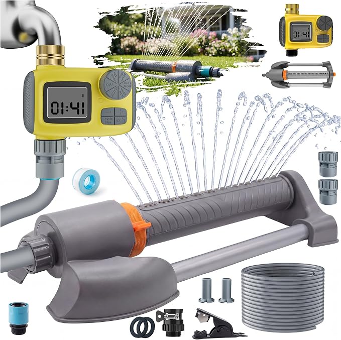 3 in 1 Smart Oscillating Sprinkler System with Timer, 3000 Sq.Ft Lawn Irrigation Kit, 360° Sprinkler, 33FT 5/8" Anti-Kink Hose, Solid Brass Connector for Yard, Lawn, Garden, Raised Bed, Outdoor