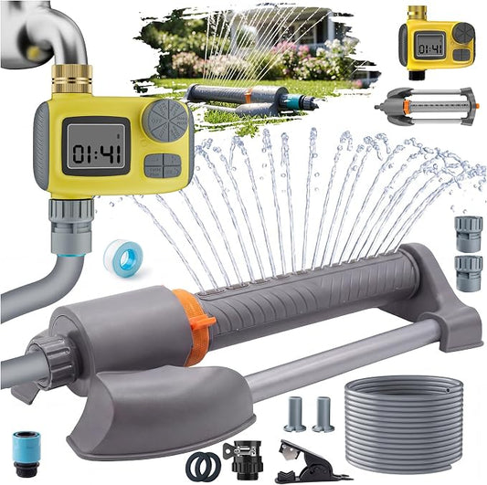 3 in 1 Smart Oscillating Sprinkler System with Timer, 3000 Sq.Ft Lawn Irrigation Kit, 360° Sprinkler, 33FT 5/8" Anti-Kink Hose, Solid Brass Connector for Yard, Lawn, Garden, Raised Bed, Outdoor