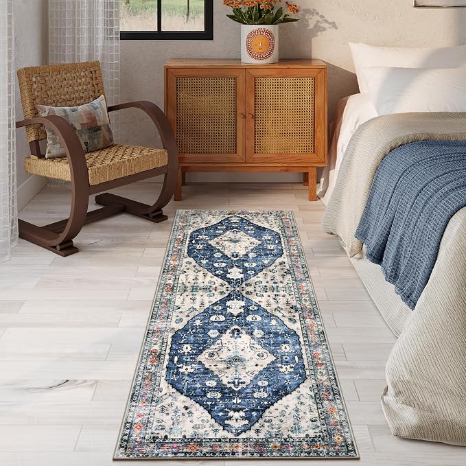 Lahome Felice Boho Tribal Runner Rug - 2x6 Kitchen Rug Runner for Living Room Entryway Mat, Turkish Soft Washable Non Slip Throw Office Carpet Runners for Bathroom Sunroom Mudroom Foyer, Blue