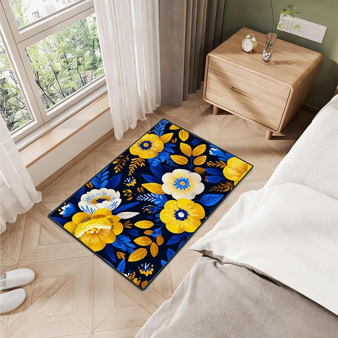 Navy Blue Yellow Floral 2x3 Entry Rug,Washable Small Rugs for Entryway Kitchen Bathroom Door Mat Indoor Entrance,Non Slip Rubber Backing, Stain & Fade Resistant, Vibrant Boho Decor
