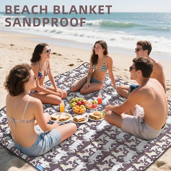 Double Thickened Picnic Blanket, 80x80 Inches, White Fish Pattern, Cotton Filled, Portable Foldable with Leather Carry Strap, Beach and Camping