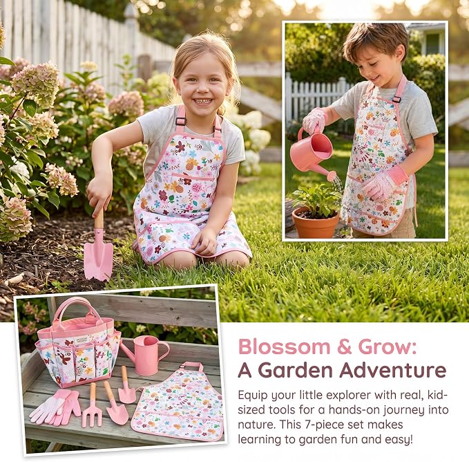 Ecolley Kids Gardening Tool Set Toys - 7 Pieces Quality Garden Kit for Toddlers & Kids with Shovels, Rake, Watering Can, Apron, Gloves & Storage Bag (Pink Flower)