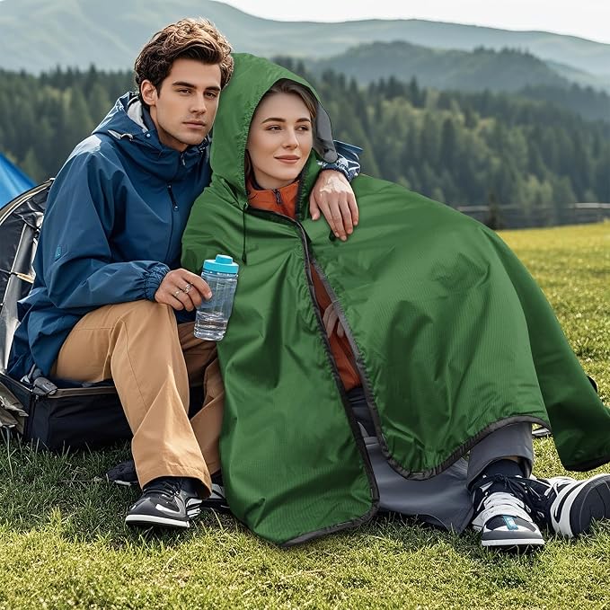 Large Waterproof Outdoor Picnic Blanket 80"x 58" | Windproof Lightweight Stadium Blanket, Packable, Stay Dry and Comfortable for Camping, Sports, Travel - Green Hooded