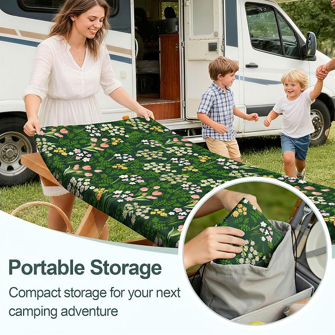 Play Tailor Picnic Table Cover with Bench Covers Camping Essentials Waterproof Windproof Camping Tablecloth with Drawstring Bag, Fitted Rectangle Tables and Seats, 72in, Green Pink