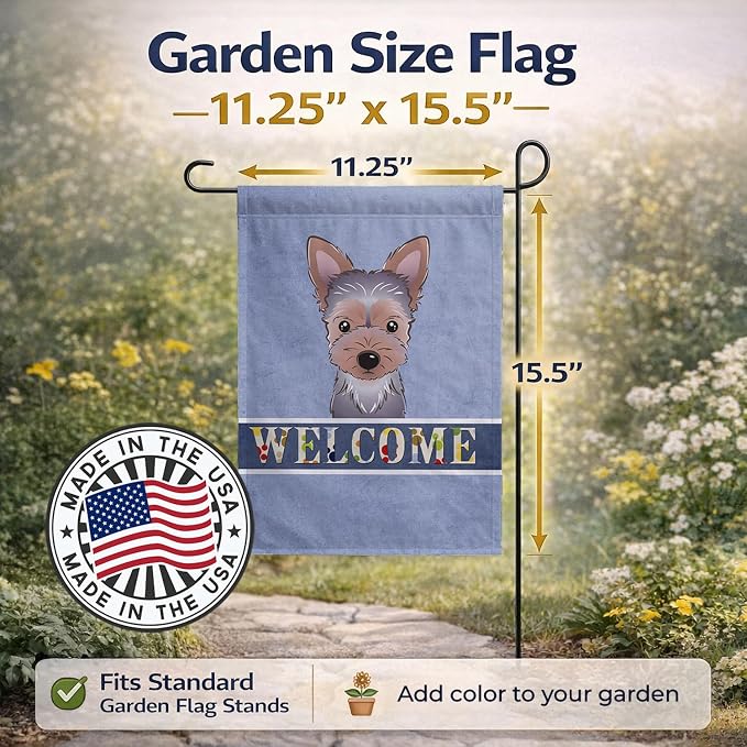 Caroline's Treasures BB1418GF Yorkie Puppy Welcome Garden Flag, Blue Mailbox Flag Decorative Yard Flag Banner Outside Patio Artwork Yard Flower Beds, Garden Size, Multicolor