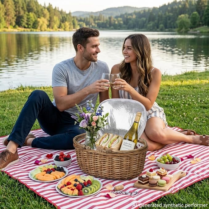 Wicker Picnic Basket with Insulated Lined Bag 15“ x 11” x 7“ Red, White Star Stripe Pattern, Iced Beer Insulated Bag for Camping, Picnics, Birthday Gifts, Wedding Gifts