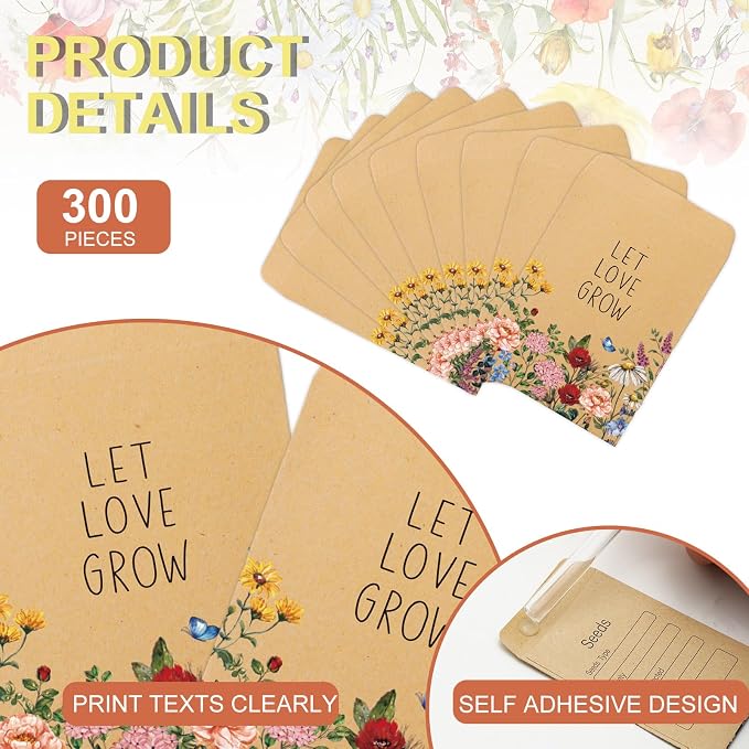 FYSUIMU 300Pcs Wildflower Seed Packets Let Love Grow Self-Adhesive Kraft Envelopes Rustic Floral Seed Storage Pockets for Garden Office Party Favors Supplies, 3.15 x 2.4 Inch