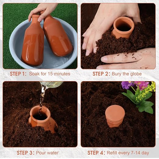 DoubleFill 4 Pcs 24oz Ollas Terracotta Watering Pots Self Watering Planter Insert Terracotta Globes Clay for Outdoor Indoor Garden Plants, Easy to Refill