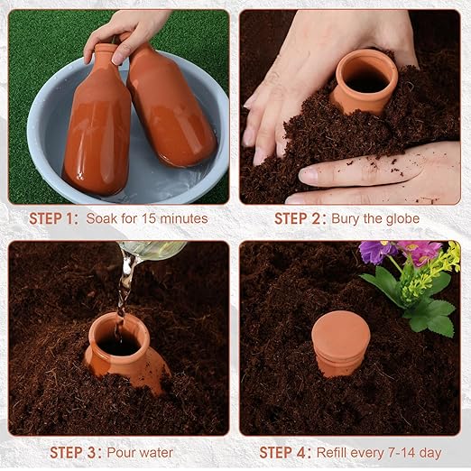 DoubleFill 6 Pcs 24oz Ollas Terracotta Watering Pots Self Watering Planter Insert Terracotta Globes Clay for Outdoor Indoor Garden Plants, Easy to Refill