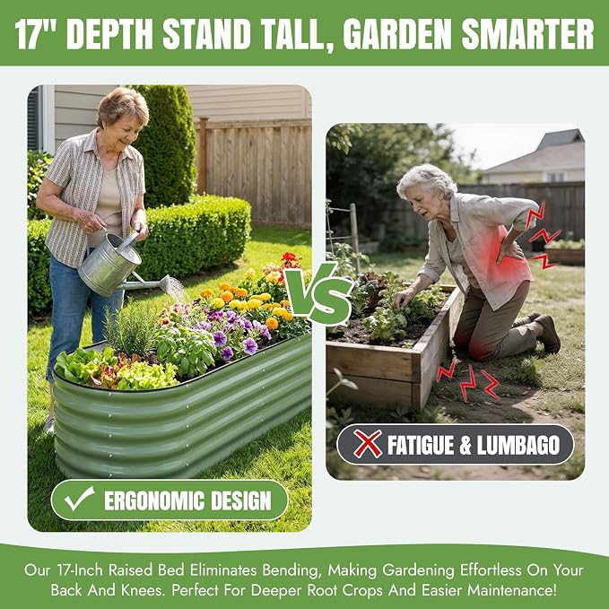 INNO STAGE Galvanized Raised Garden Bed Kits, 8x2x1.4FT Metal Raised Garden Beds Outdoor, 17'' Tall Large Steel Raised Planter Bed for Vegetables & Flowers Patio Ground Planter Box (Olive Green, 2Pcs)