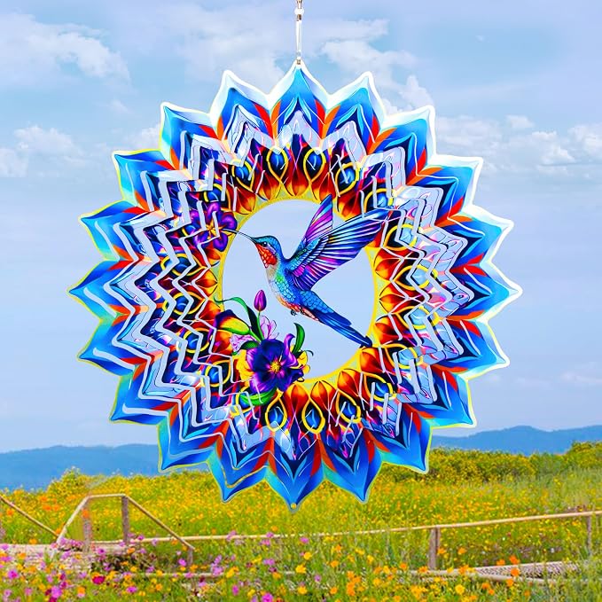 Hummingbird Wind Spinner,Hanging Wind Spinners Outdoor for Garden Decoration，15.7 inch 3D Stainless Steel Wind Sculpture for Indoor/Outdoor Decor