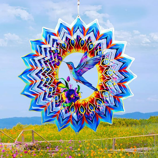 Hummingbird Wind Spinner,Hanging Wind Spinners Outdoor for Garden Decoration，15.7 inch 3D Stainless Steel Wind Sculpture for Indoor/Outdoor Decor