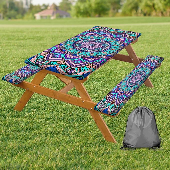 Picnic Table Cover with Bench Cover, Boho Table Covers with Elastic Waterproof Camping Tablecloth with Drawstring Bag, Outdoor Travel Rv Patio Camping Essentials, 60In 3PCS