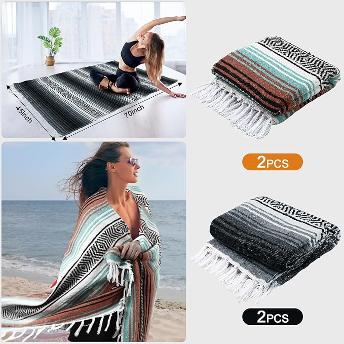 Preboun 4 Pcs Large Mexican Yoga Blanket Pack 45 x 70 Inch Thick Woven Camping Picnic Beach Car Travel Throw Blanket Outdoor Patio Mat Towel