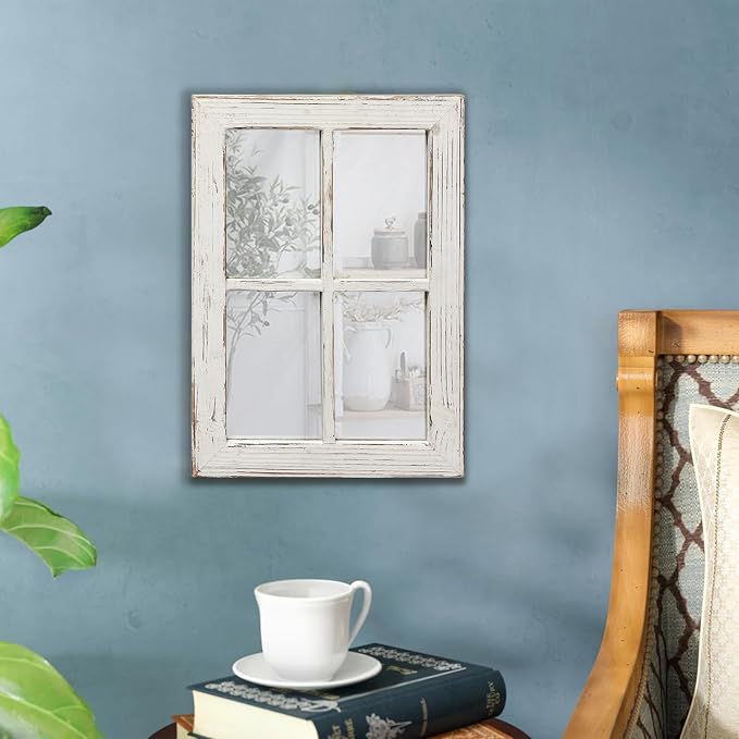 Rustic Small Window Pane Mirror Wall Decor 11 x 16 inches | Distressed White, Hanging Rectangle Wood Frame Farmhouse Mirror, Handmade Decorative Window Mirrors for Living Room Christmas
