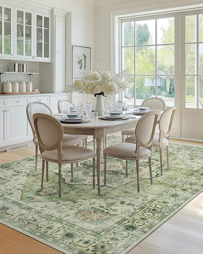 AMADA HOMEFURNISHING 9x12 Area Rug, Washable Low-Profile Large Area Rug with Non-Slip Backing & Durable Edge Binding, Vintage Large Rugs for Living Room, Bedroom