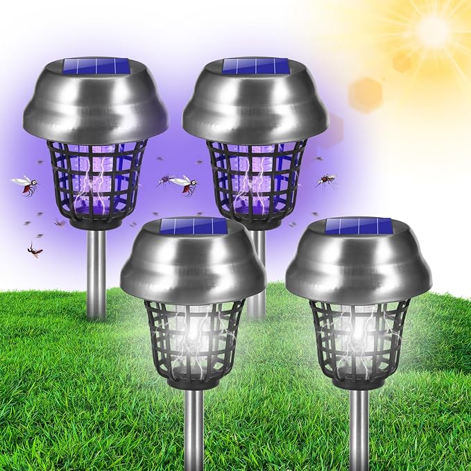 Solar Bug Zapper Outdoor Waterproof Mosquito Repellent Outdoor Patio Mosquito Trap & Killer for Backyard, Farm, Garden, 2026 Solar Powered Fly Zapper for Small Flying Insect, Gnats, Flies, Moths(4)