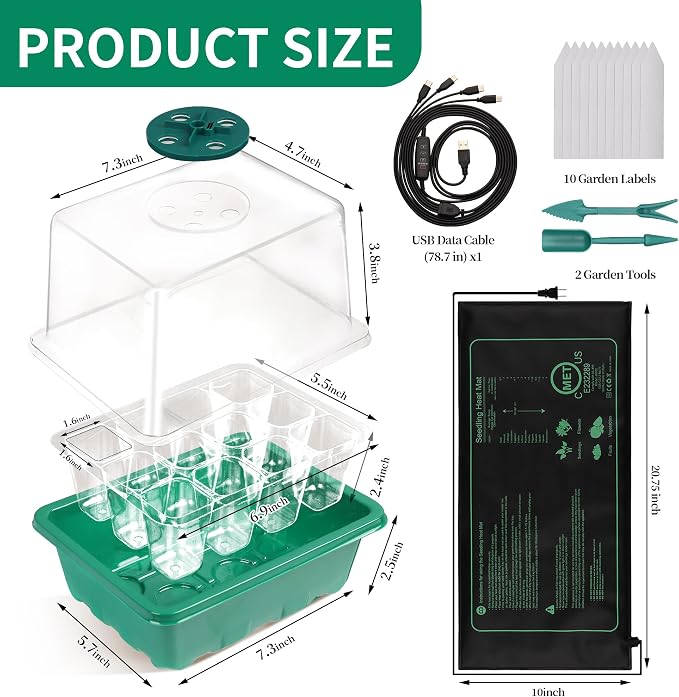 4-Pack Seed Starter Tray with Grow Light and Heat Mat, 48 Cells Seed Starter Kit with Adjustable Humidity Dome and Base, Germination Kit for Seed Growing Plant Propagation