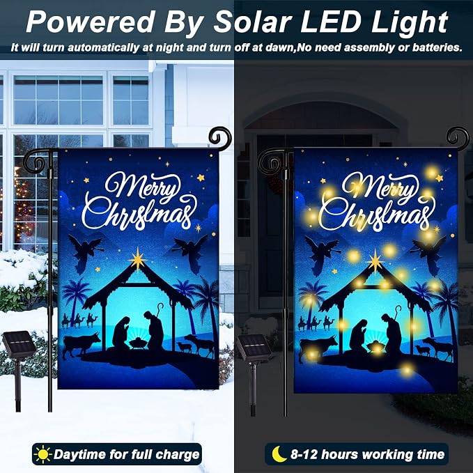 Nativity Christmas Lighted Garden Flag - Solar LED Burlap Religious Merry Yard Flag - Rustic Holy Night Farmhouse Outdoor Banner for Outside Decor - Xmas Holiday Sign 12 x 18 Inch