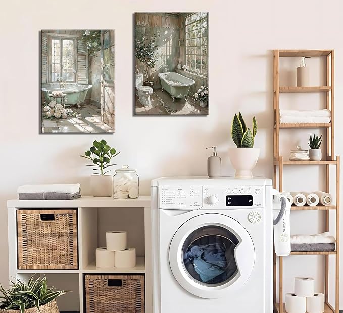 Vintage Farmhouse Theme Bathroom Canvas Wall Art Bathtub With Flowers Poster Print Painting Rustic Farmhouse Window Wall Decor Sunlit Floral Bathroom Pictures Artwork for Toilet Restroom Decoration