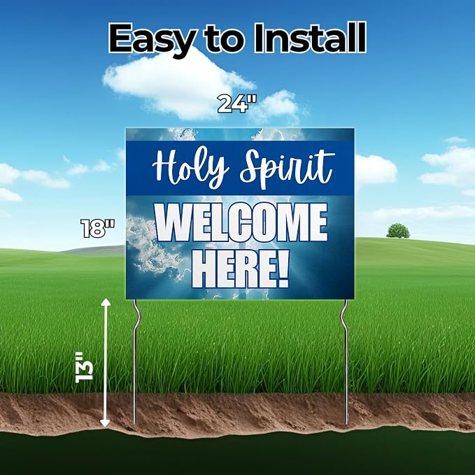 Holy Spirit Welcome Here! Yard Sign by DC | 24"x18" Double Sided Church Garden Sign with 13” Metal Stakes | Outdoor Signs Waterproof for Lawn, Patio, Sidewalk & House | Set of 1 | Made in USA