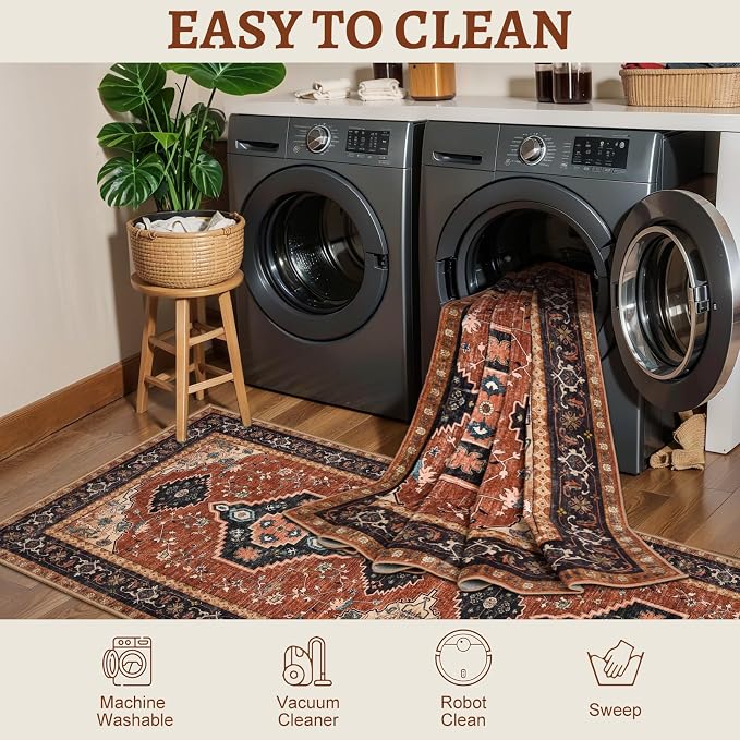 Tangsoo Vintage Orange 2x6 Washable Runner Rugs for Hallways, Non Slip | Oriental Soft Low Pile Long Rug Runner, Boho Carpet Runners for Kitchen Bedroom Entryway Bathroom Living Room Home Decor