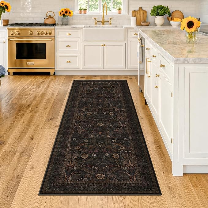 Washable Hallway Runner Rug 2'6"x8' - Floral Thin Entryway Rugs Indoor Non Slip, Traditional Botanical & Sunflower Kitchen Floor Mats (Brown and Black)